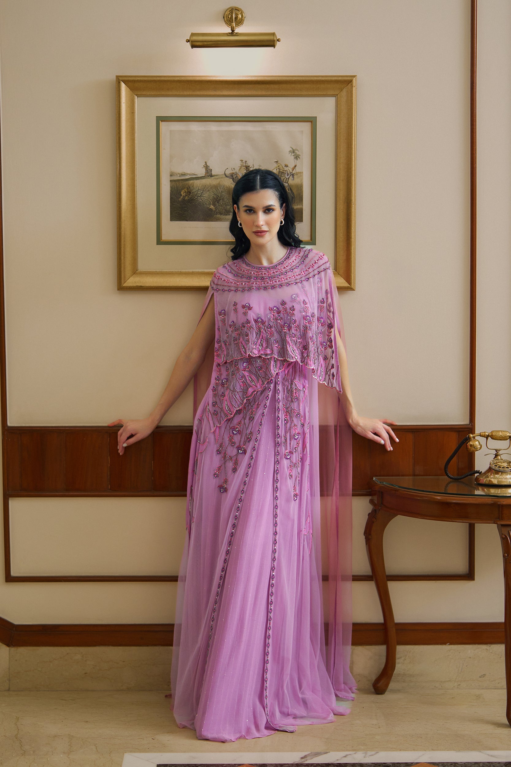 Shalky | Elegant Pink Evening Dress with Hand Embroidery