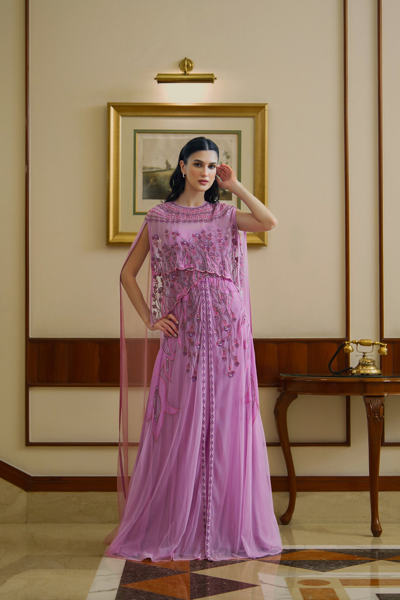 Shalky | Elegant Pink Evening Dress with Hand Embroidery