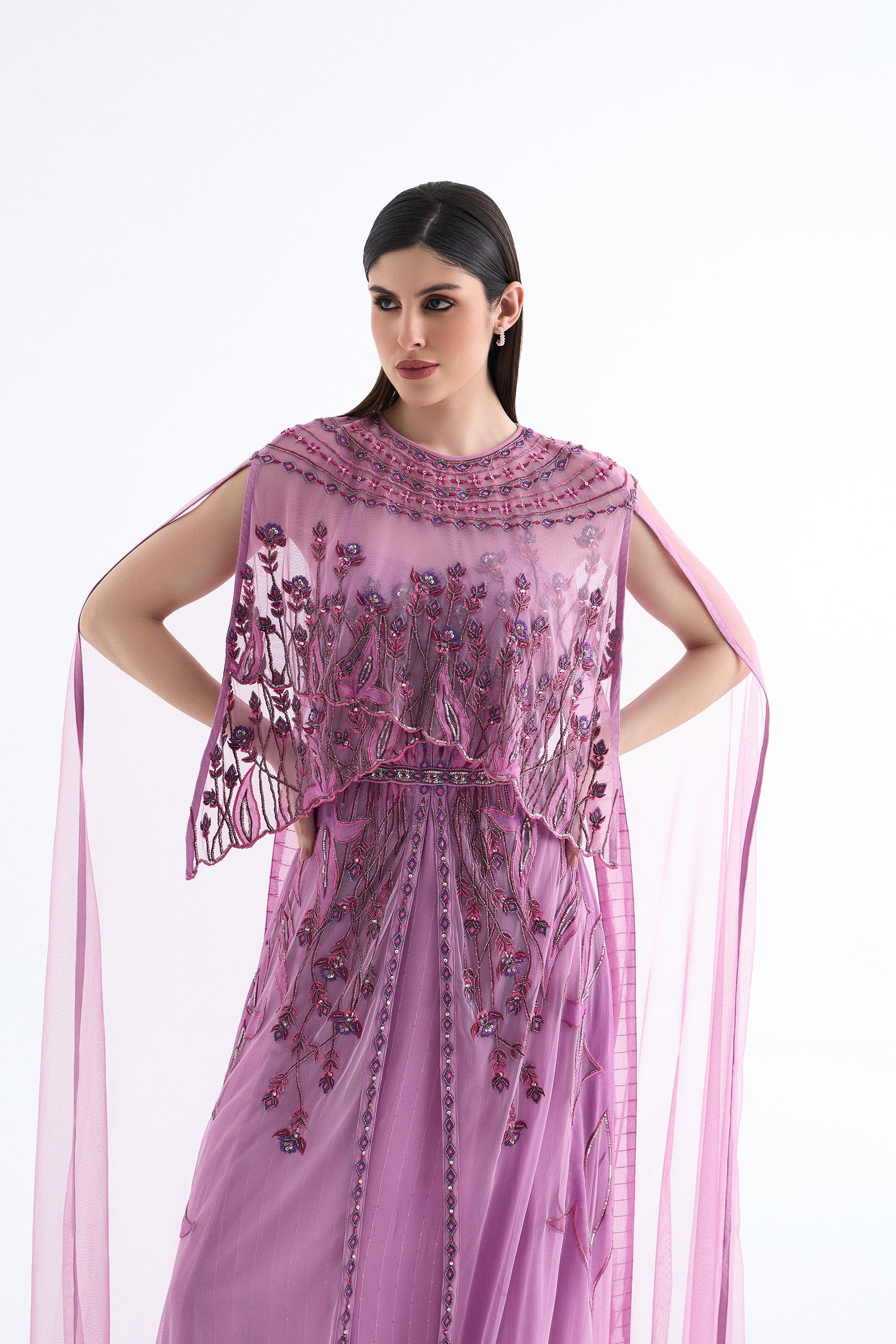 Shalky | Elegant Pink Evening Dress with Hand Embroidery