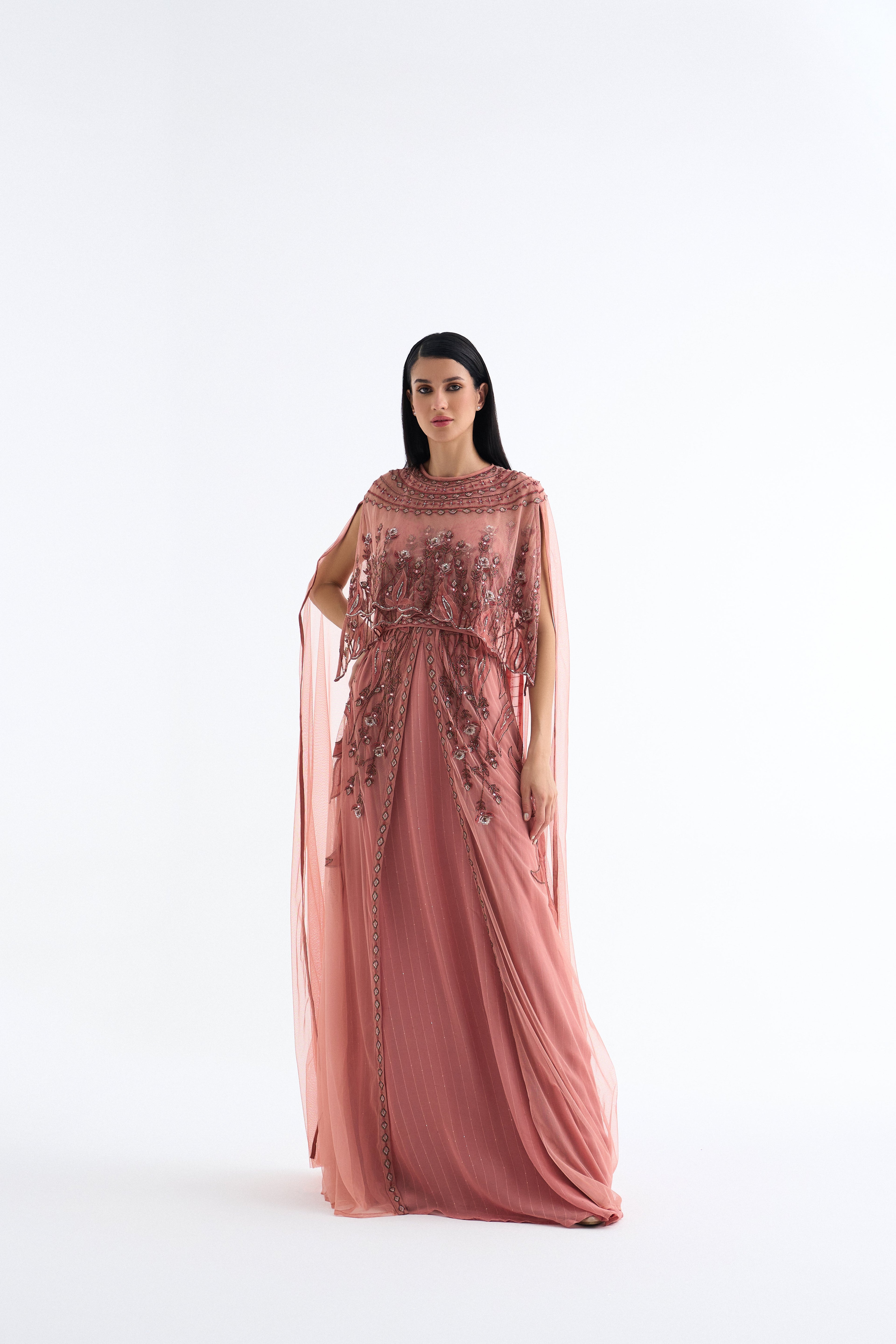Shalky | Luxury Coral Evening Gown with Hand Embroidery & Cape Sleeves