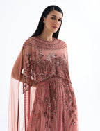 Shalky | Luxury Coral Evening Gown with Hand Embroidery & Cape Sleeves