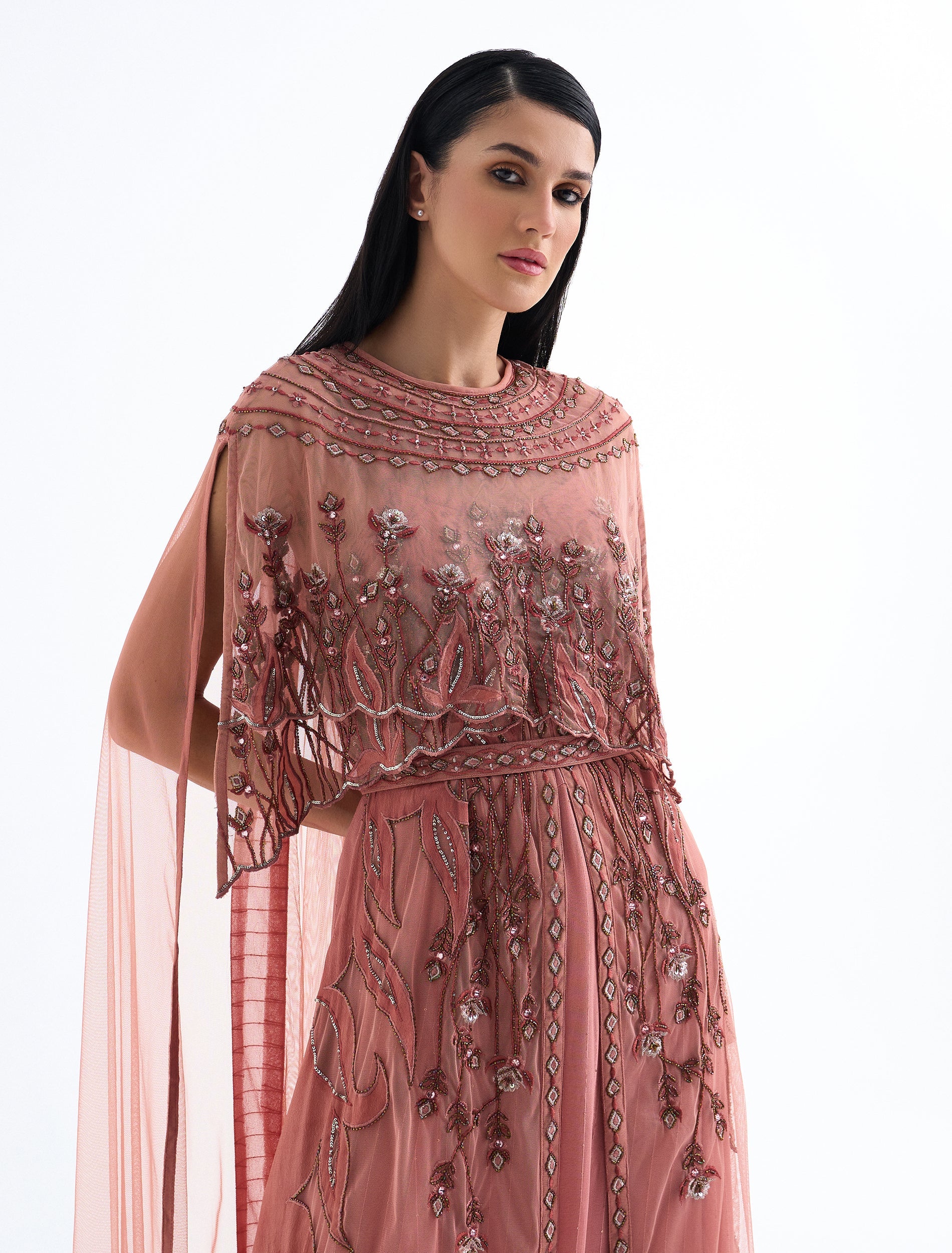 Shalky | Luxury Coral Evening Gown with Hand Embroidery & Cape Sleeves