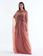 Luxury Coral Evening Gown with Hand Embroidery and Cape Sleeves 