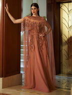 Elegant Coral Evening Gown styled for weddings and formal events