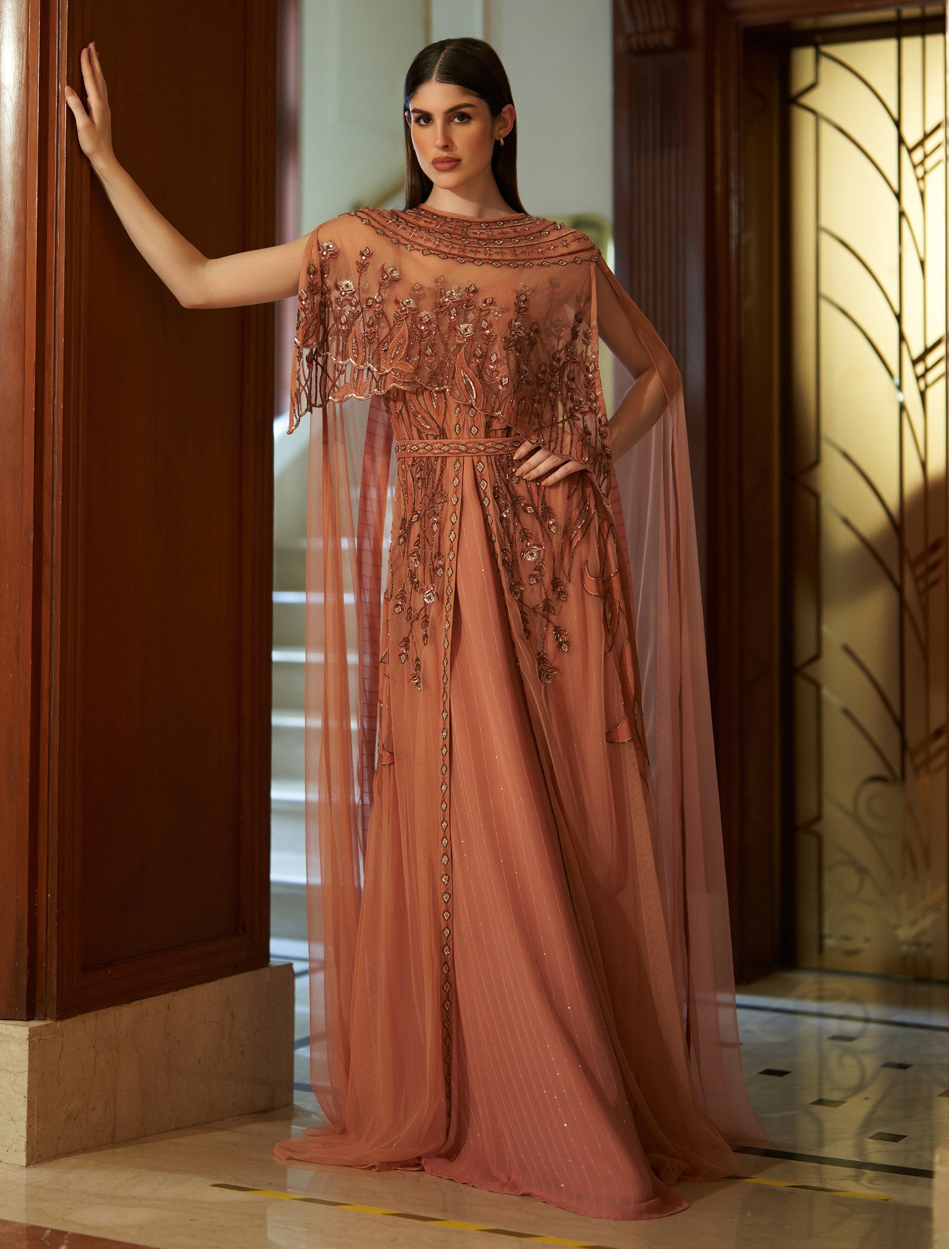Elegant Coral Evening Gown styled for weddings and formal events