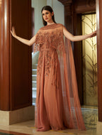 Shalky | Luxury Coral Evening Gown with Hand Embroidery & Cape Sleeves