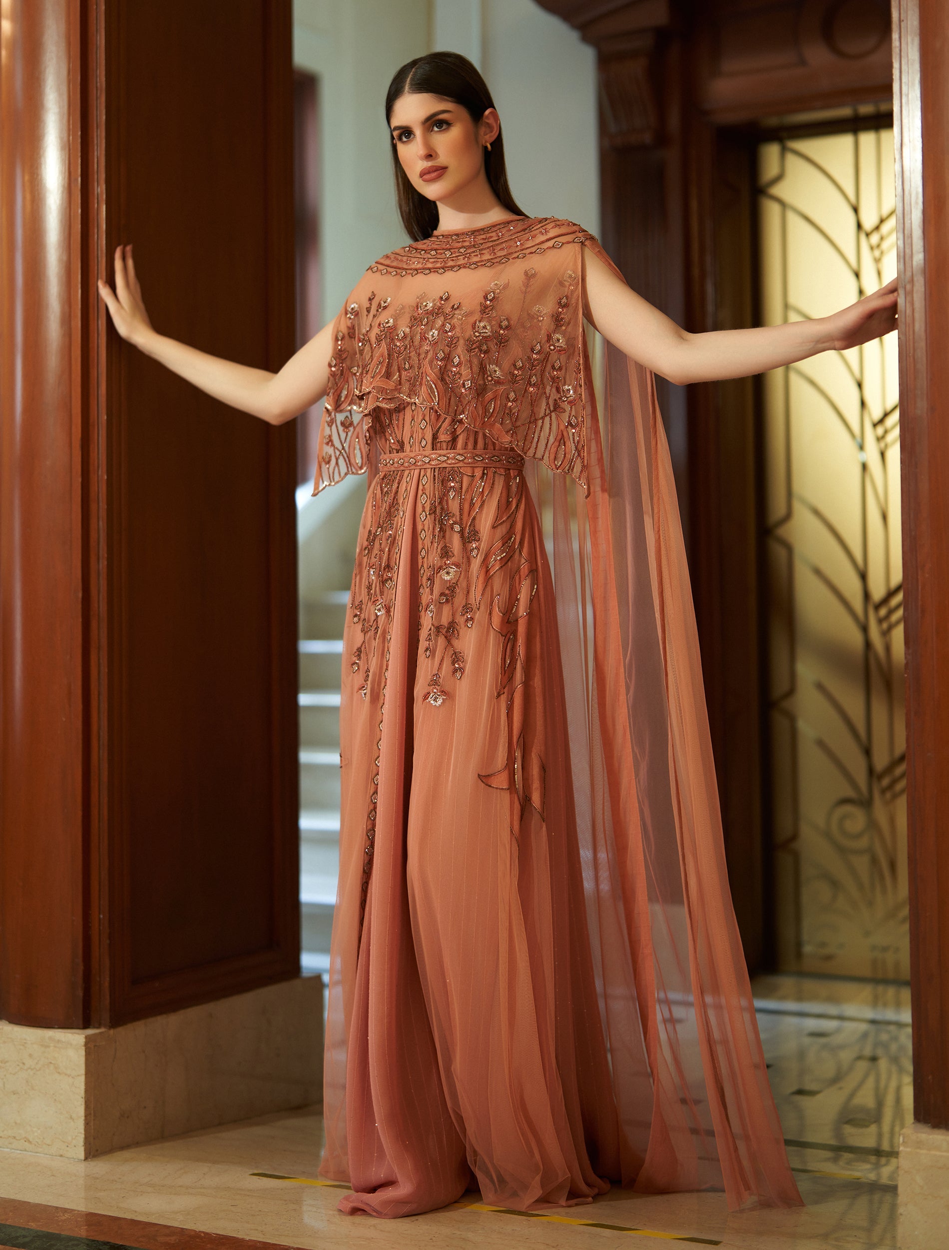 Shalky | Luxury Coral Evening Gown with Hand Embroidery & Cape Sleeves