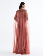 Shalky | Luxury Coral Evening Gown with Hand Embroidery & Cape Sleeves
