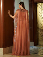 Shalky | Luxury Coral Evening Gown with Hand Embroidery & Cape Sleeves
