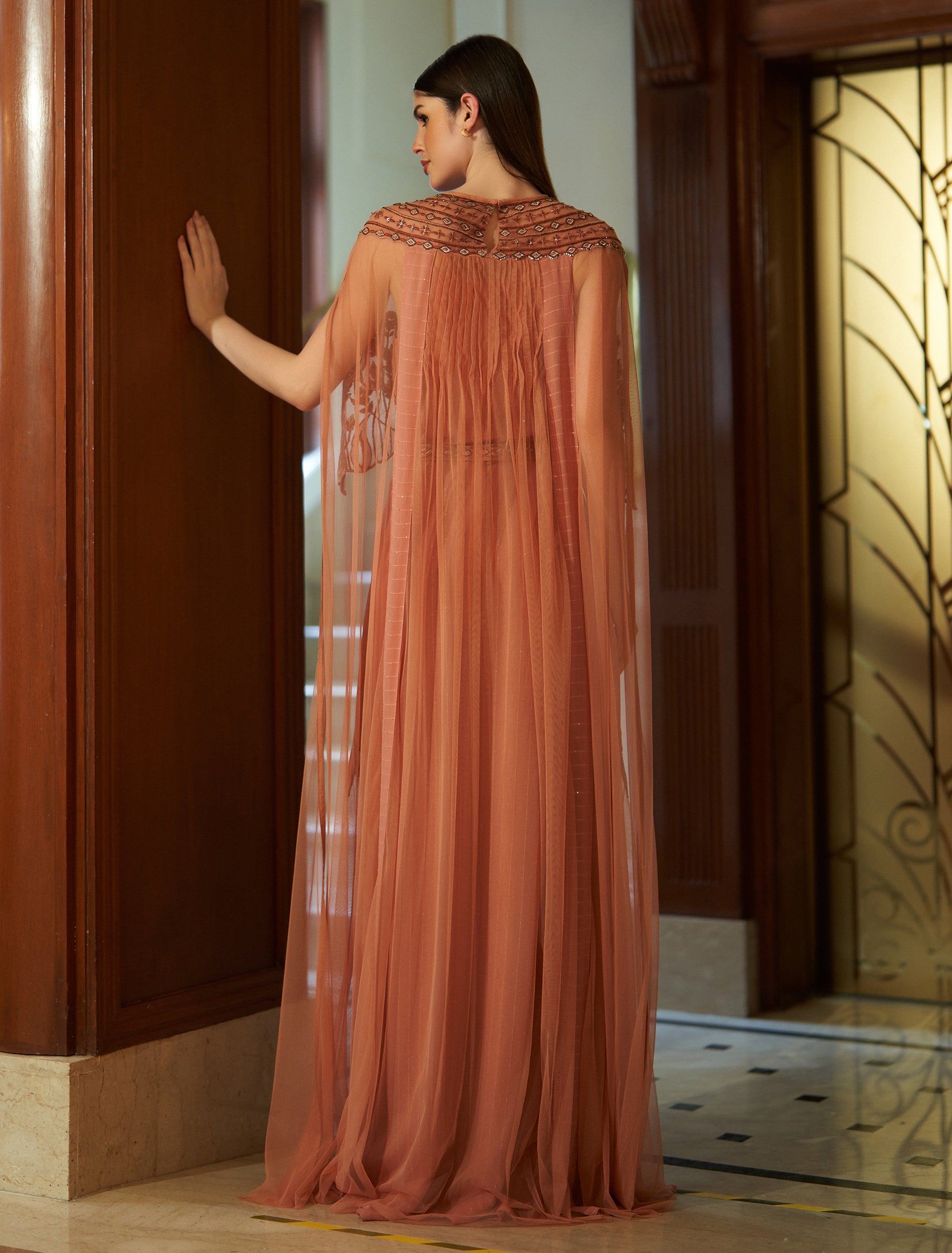 Shalky | Luxury Coral Evening Gown with Hand Embroidery & Cape Sleeves