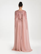 Shalky | Pleated Light Pink Evening Dress with Floral Cape