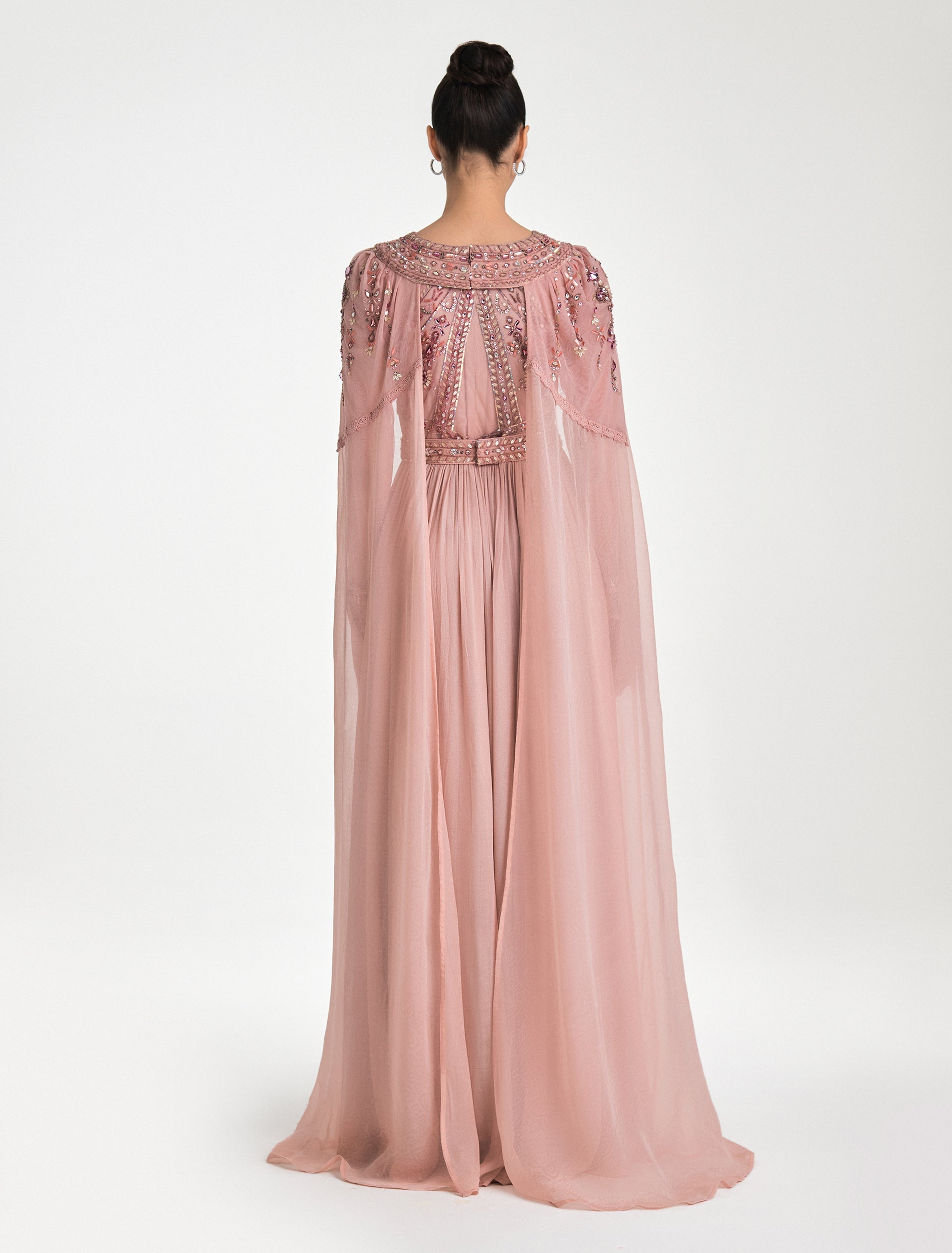 Shalky | Pleated Light Pink Evening Dress with Floral Cape