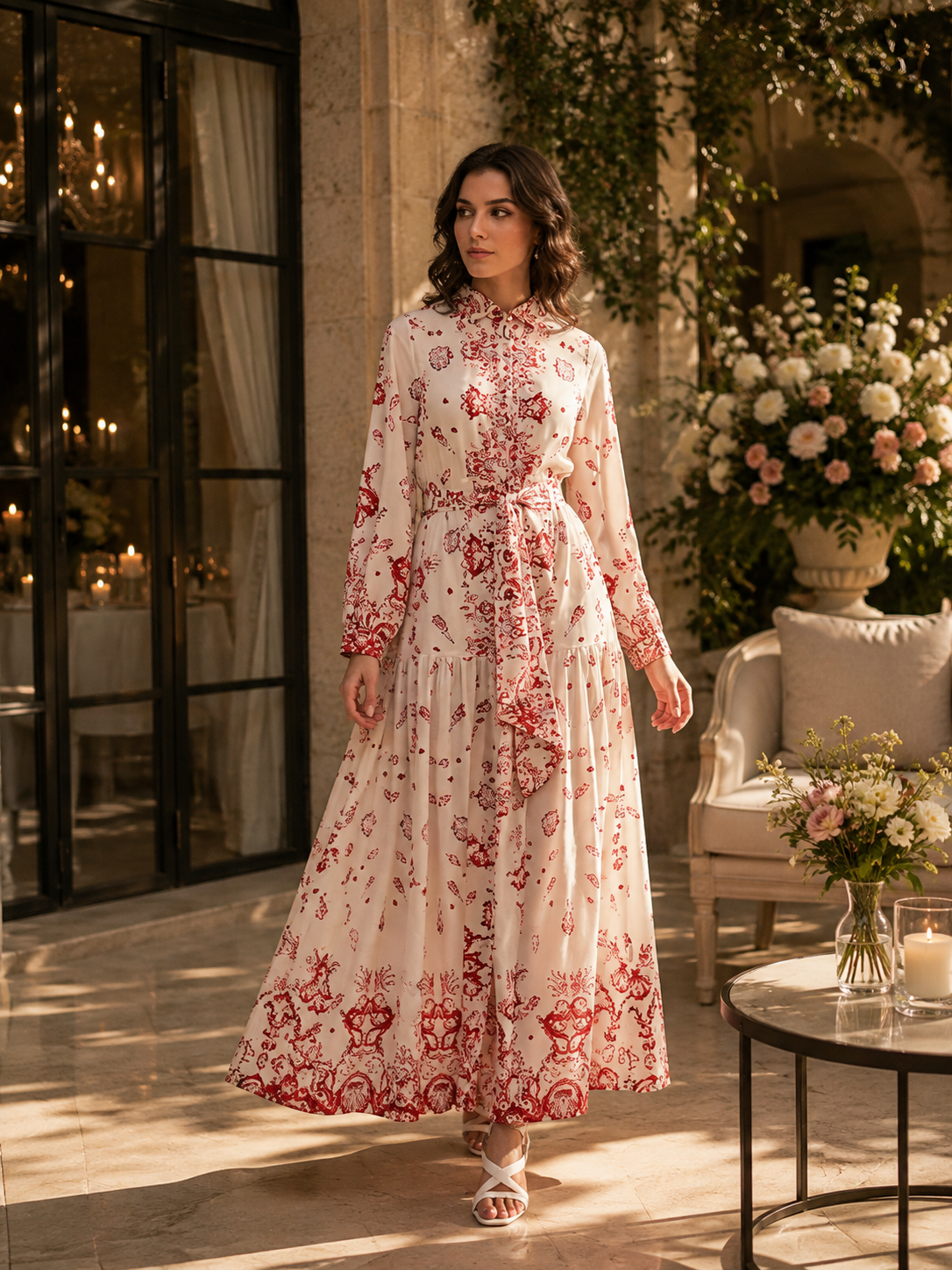 Elinora Dress – Off White & Red